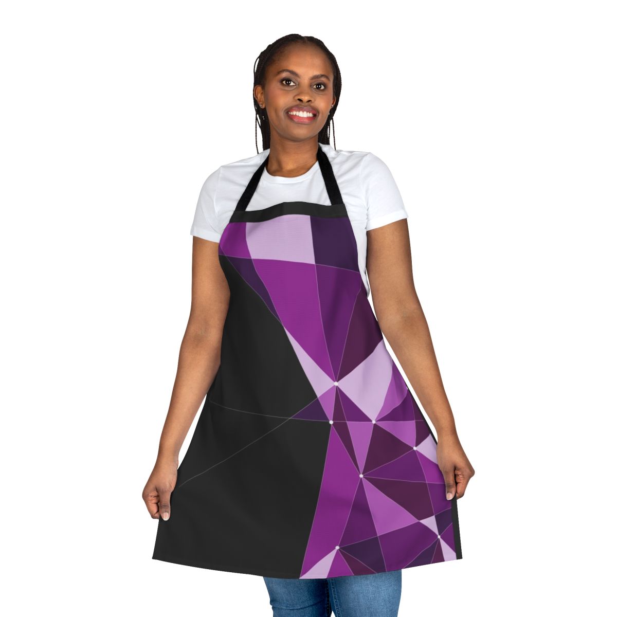Geometric apron with purple and white triangle pattern, inspired by the livery of Melbourne's VLine commuter trains