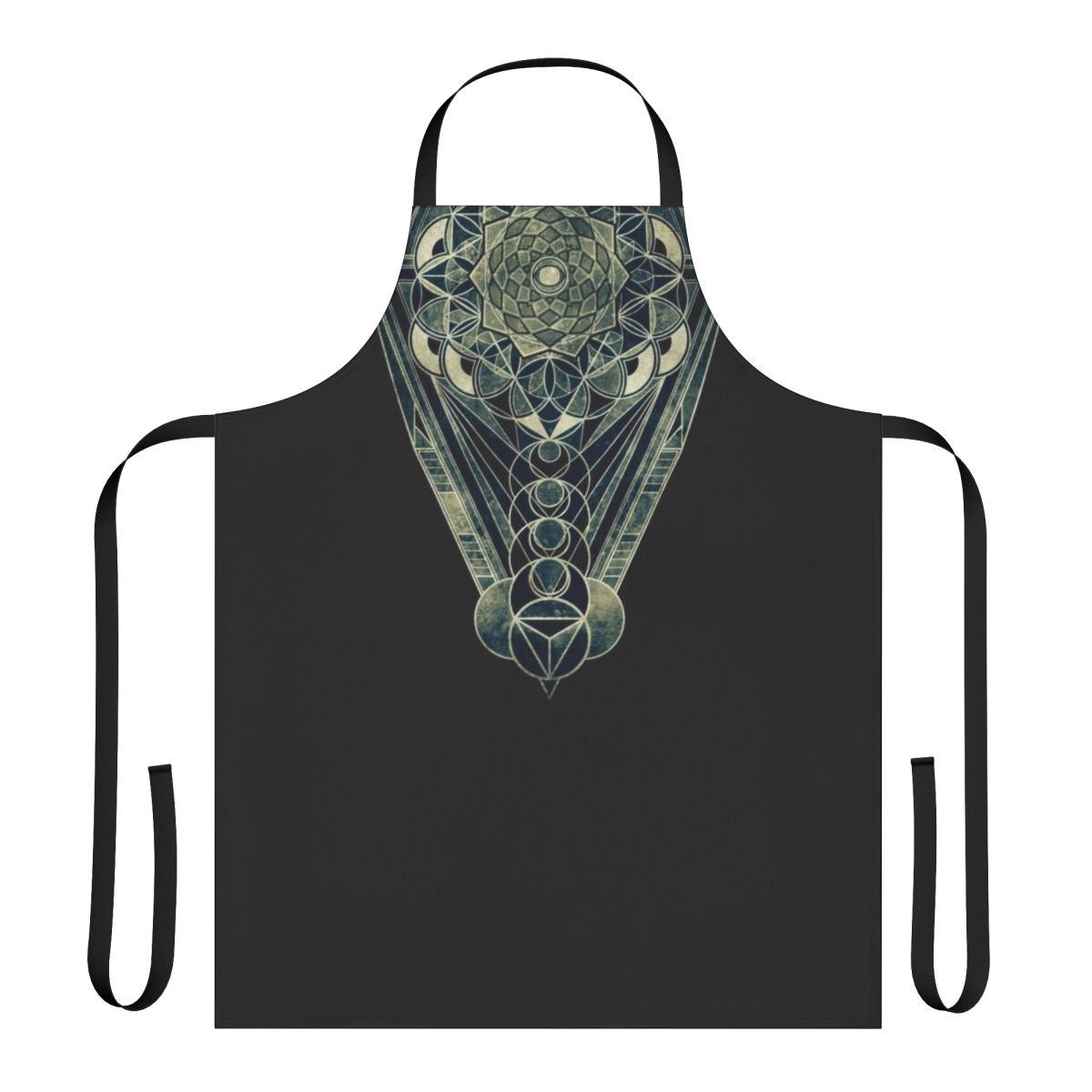 A kitchen apron featuring a sacred geometry design with the harmony of the spheres
