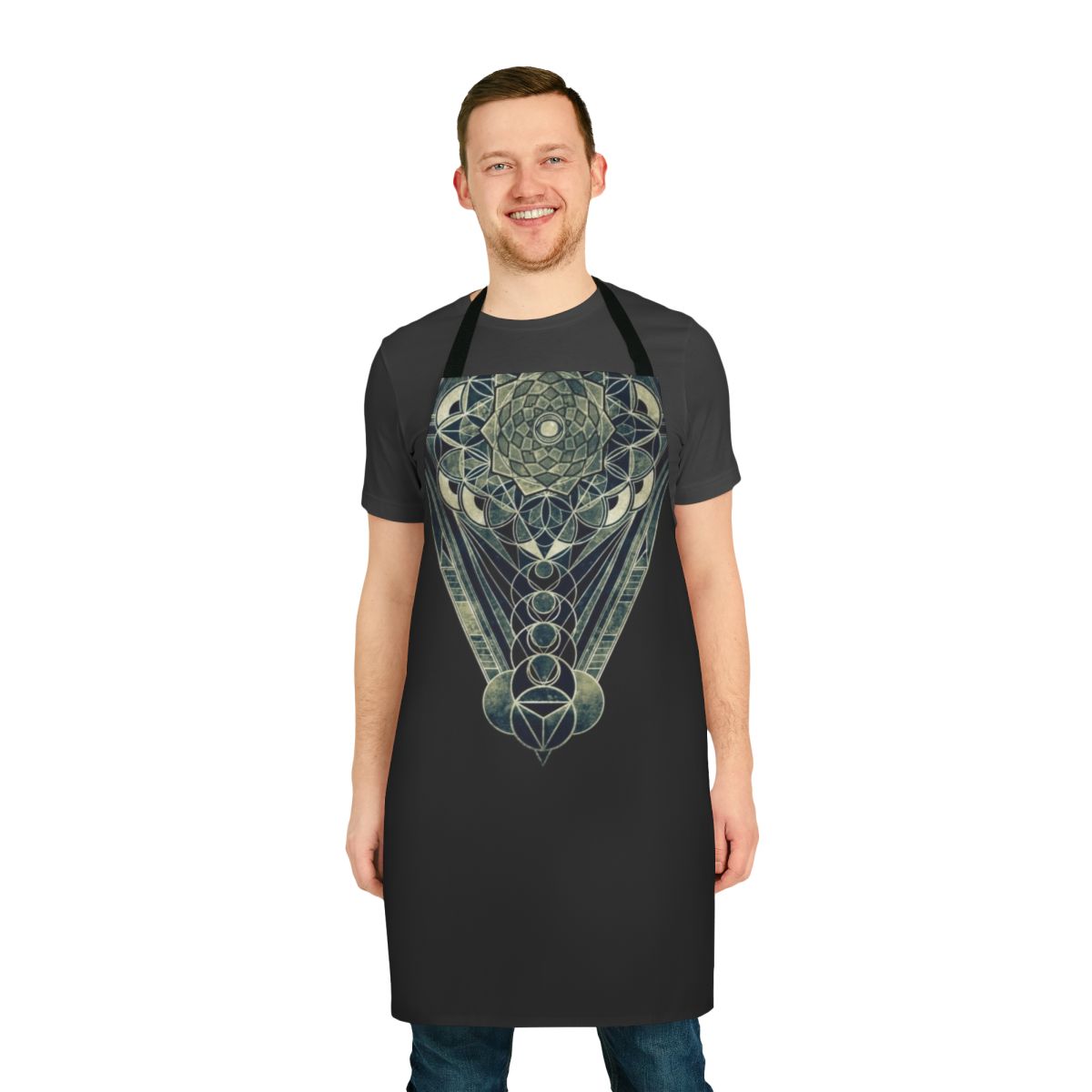 A kitchen apron featuring a sacred geometry design with the harmony of the spheres