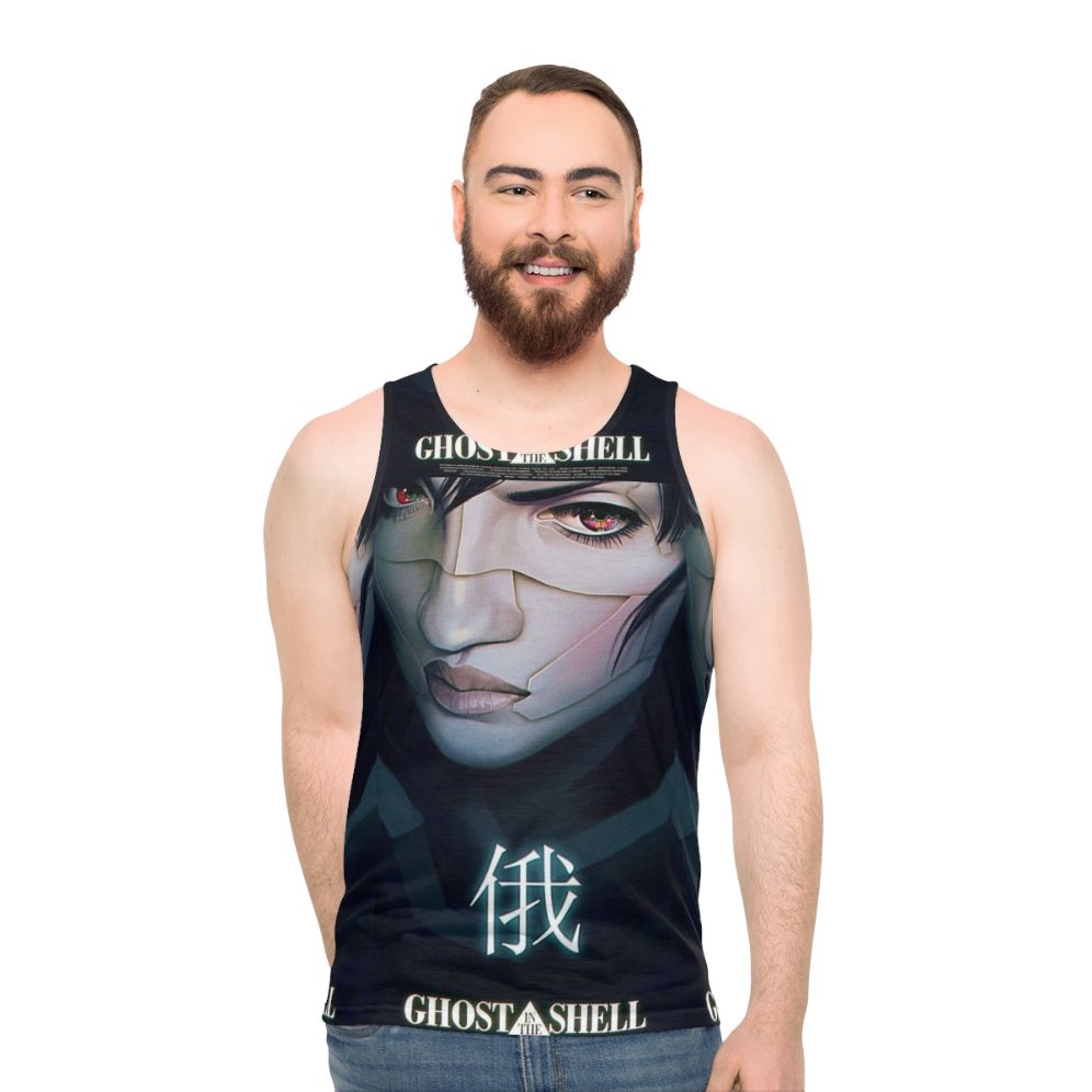 Ghost in the Shell inspired unisex tank top with cyberpunk mecha and vaporwave aesthetic
