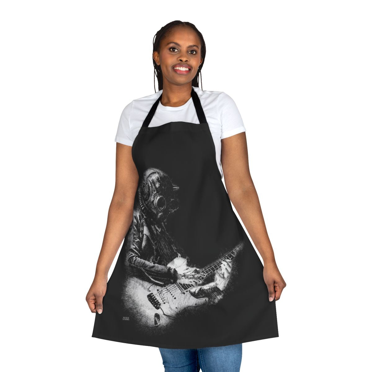 A black apron featuring the iconic Nameless Ghoul design from the band Ghost.