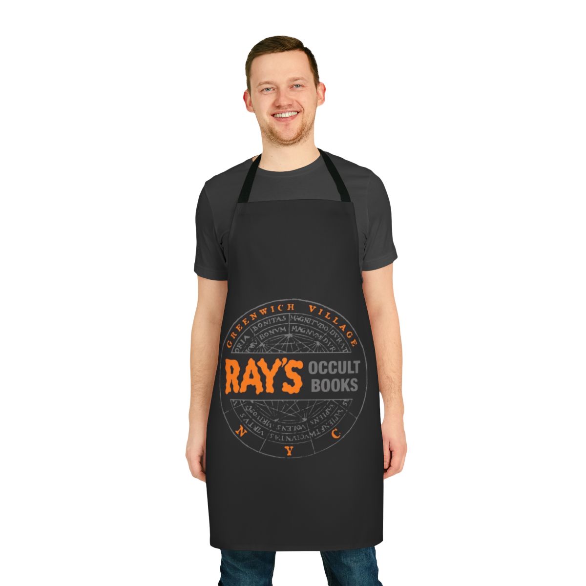 Ghostbusters-inspired apron featuring occult books design