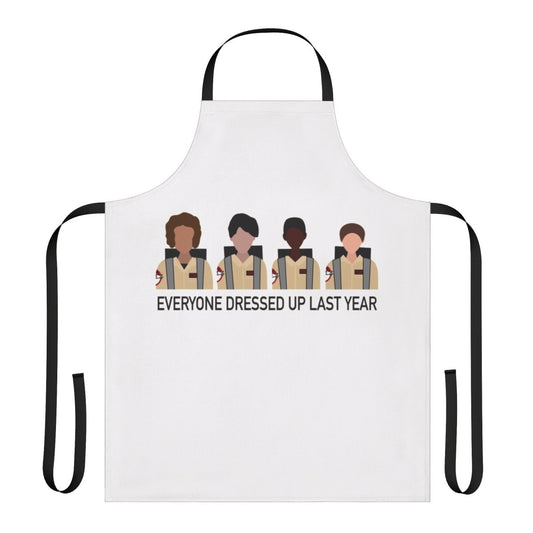 Stranger Things and Ghostbusters-themed apron featuring characters and imagery from both iconic franchises.