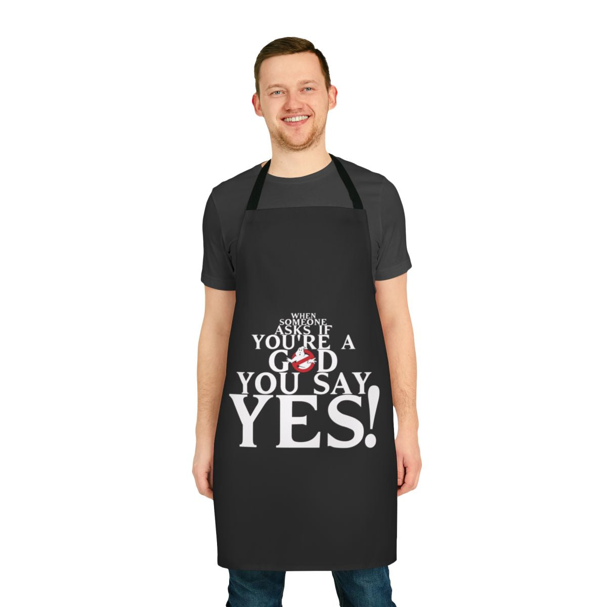 A high-quality apron featuring a quote from the classic 1984 film Ghostbusters.