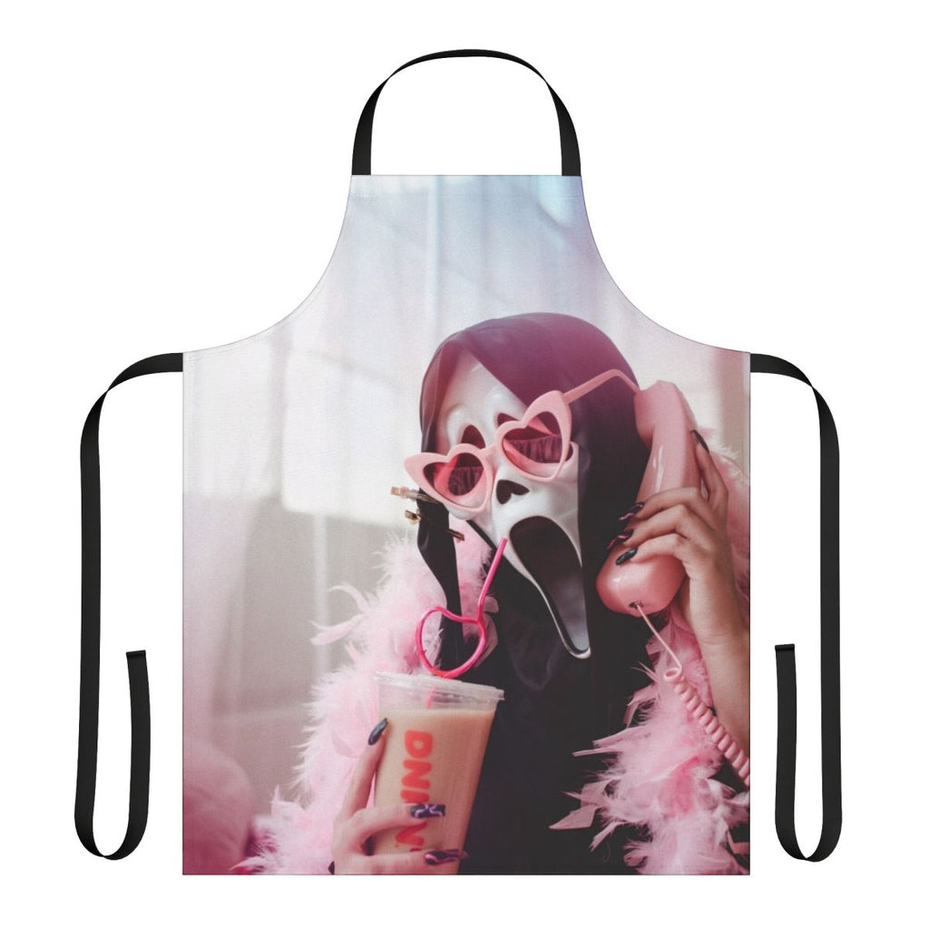 A ghostly black and white apron with the iconic Ghostface mask design, perfect for horror movie fans and home chefs.