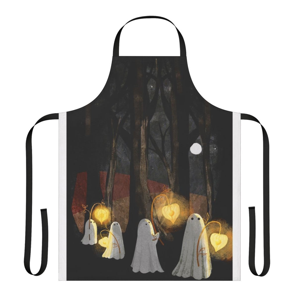 Ghost Parade Apron featuring a haunting forest landscape design with a full moon, glowing lanterns, and a spooky atmosphere