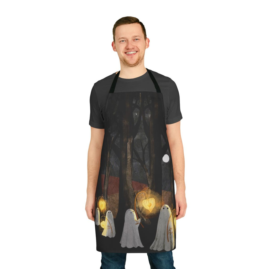 Ghost Parade Apron featuring a haunting forest landscape design with a full moon, glowing lanterns, and a spooky atmosphere