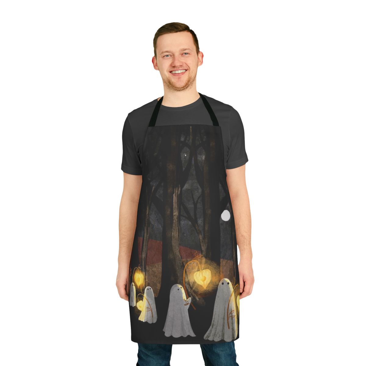 Ghost Parade Apron featuring a haunting forest landscape design with a full moon, glowing lanterns, and a spooky atmosphere