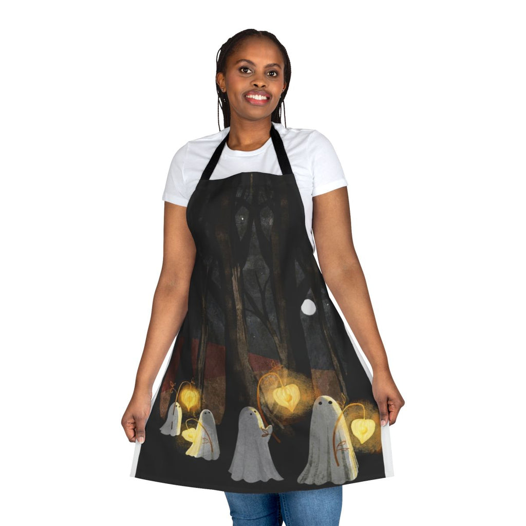 Ghost Parade Apron featuring a haunting forest landscape design with a full moon, glowing lanterns, and a spooky atmosphere
