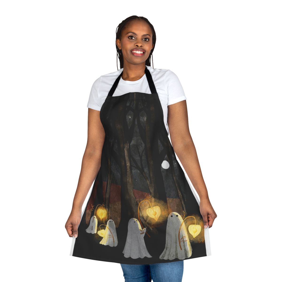 Ghost Parade Apron featuring a haunting forest landscape design with a full moon, glowing lanterns, and a spooky atmosphere