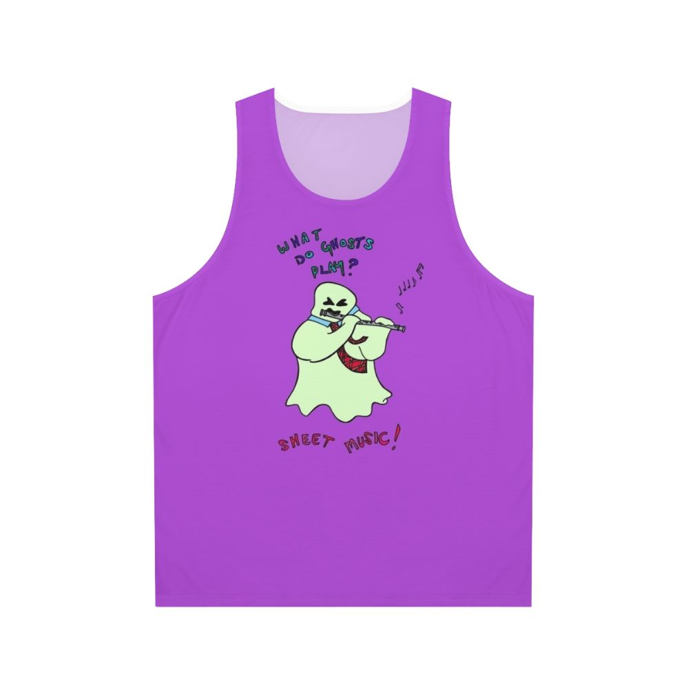 Ghosts playing sheet music on a unisex tank top