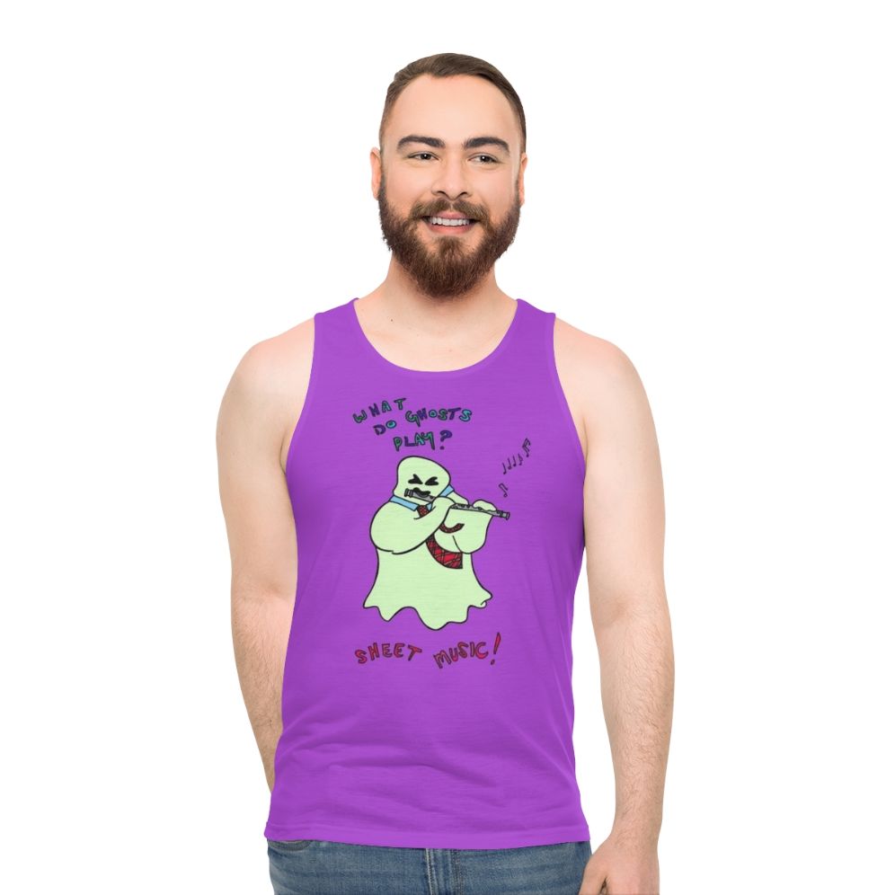 Ghosts playing sheet music on a unisex tank top