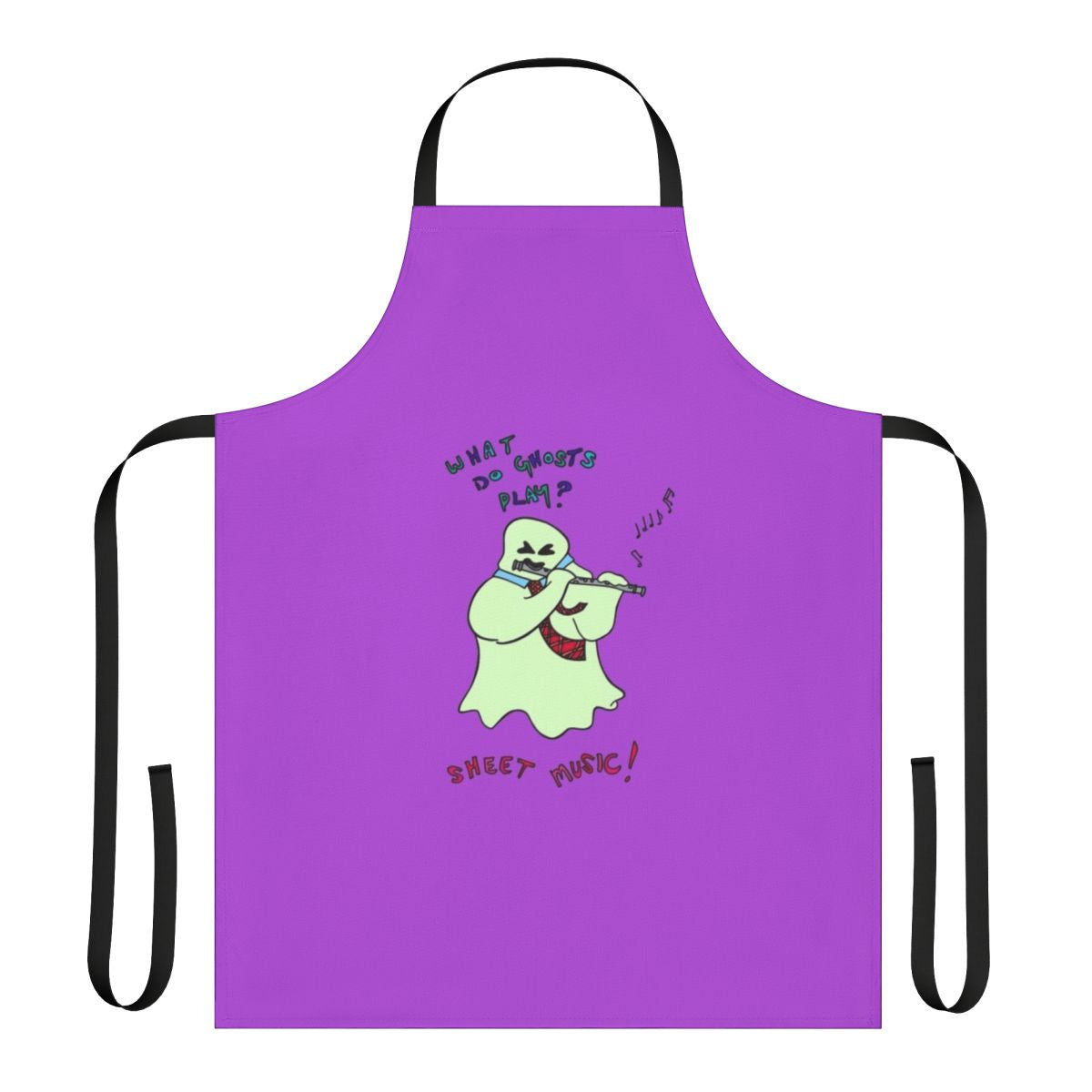 A ghostly-themed apron with a musical pun design, featuring notes and a flute or pipe.