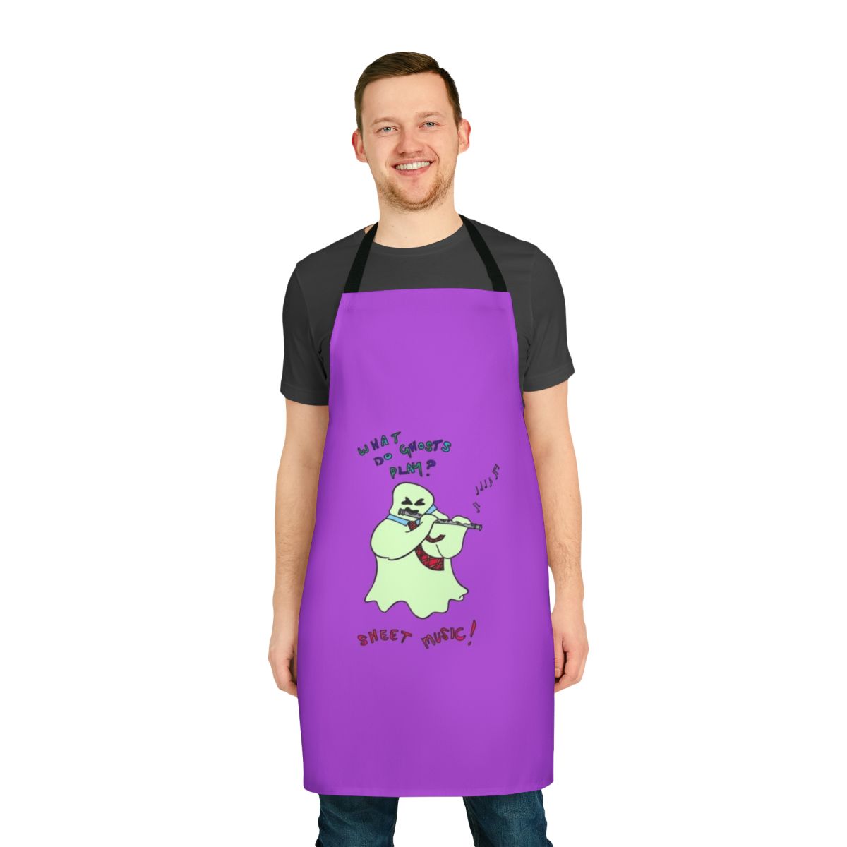 A ghostly-themed apron with a musical pun design, featuring notes and a flute or pipe.