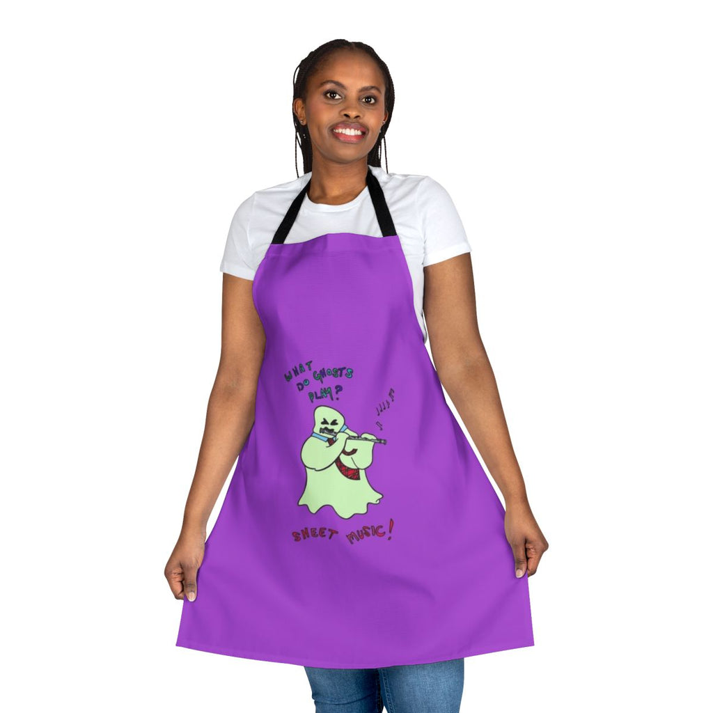 A ghostly-themed apron with a musical pun design, featuring notes and a flute or pipe.