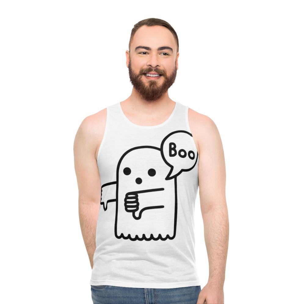 Unisex tank top with ghostly thumbs down design