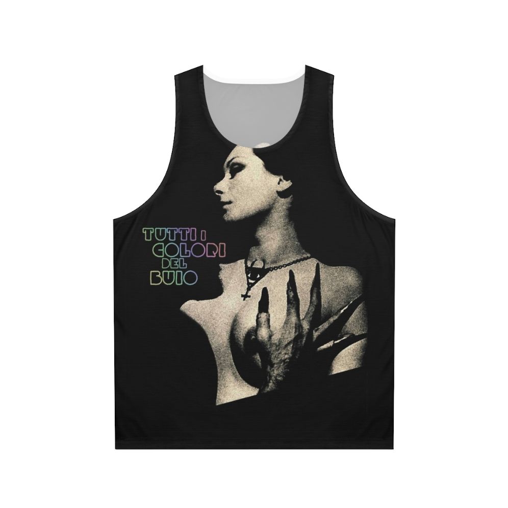 Unisex tank top featuring a giallo-inspired dark color design