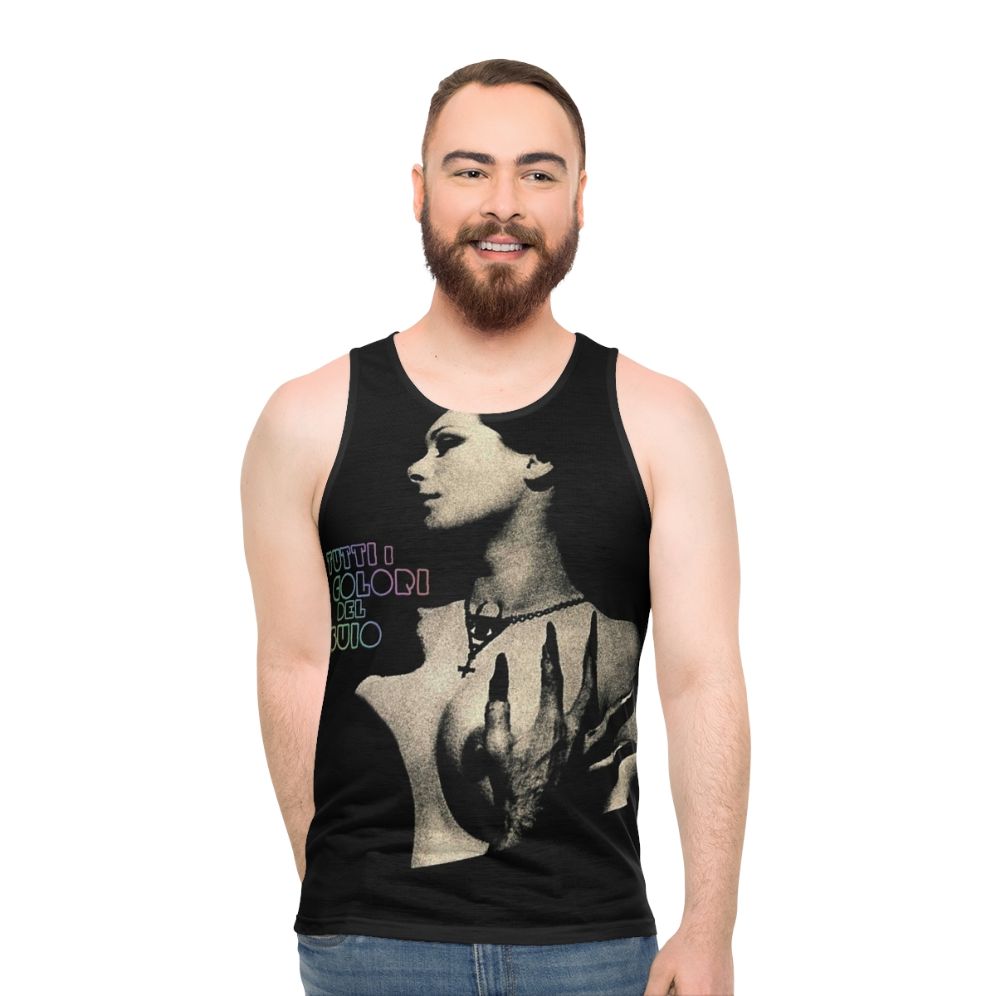Unisex tank top featuring a giallo-inspired dark color design