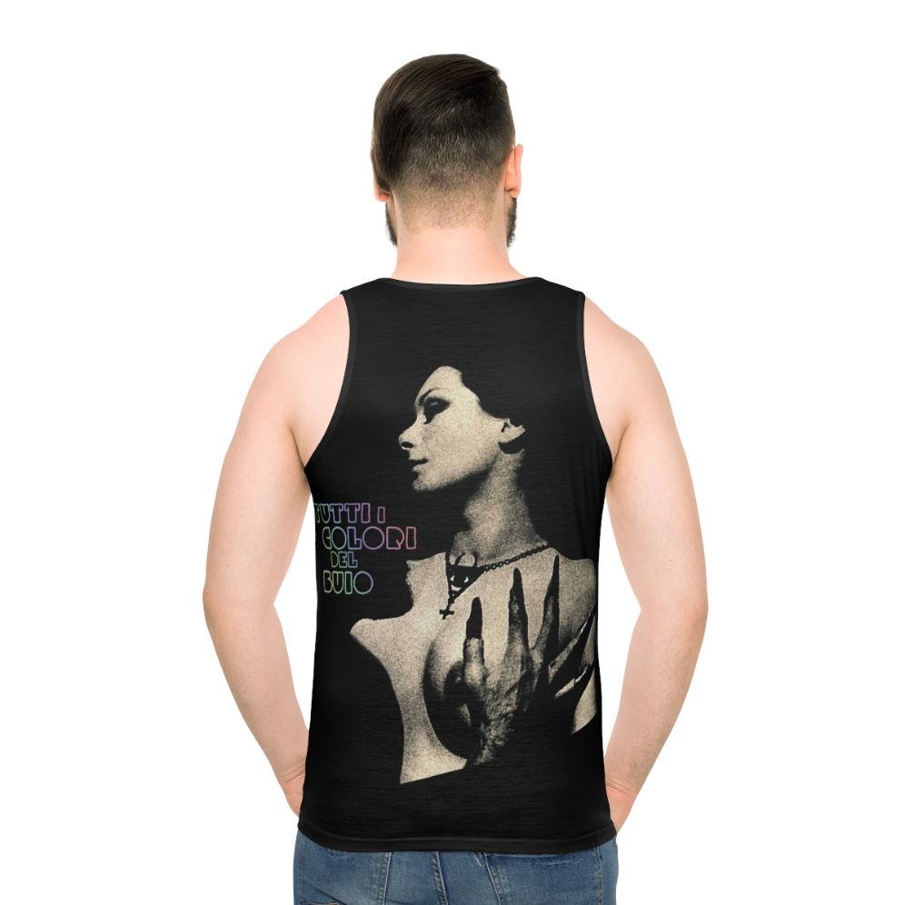 Unisex tank top featuring a giallo-inspired dark color design