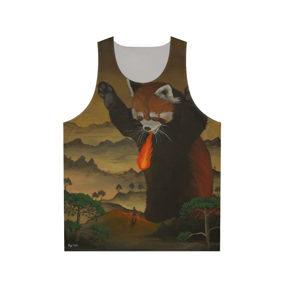 Giant fire breathing red panda on a unisex tank top