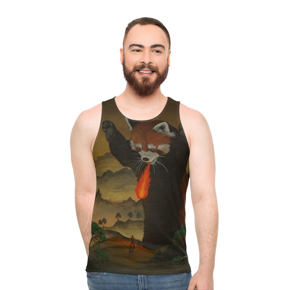 Giant fire breathing red panda on a unisex tank top