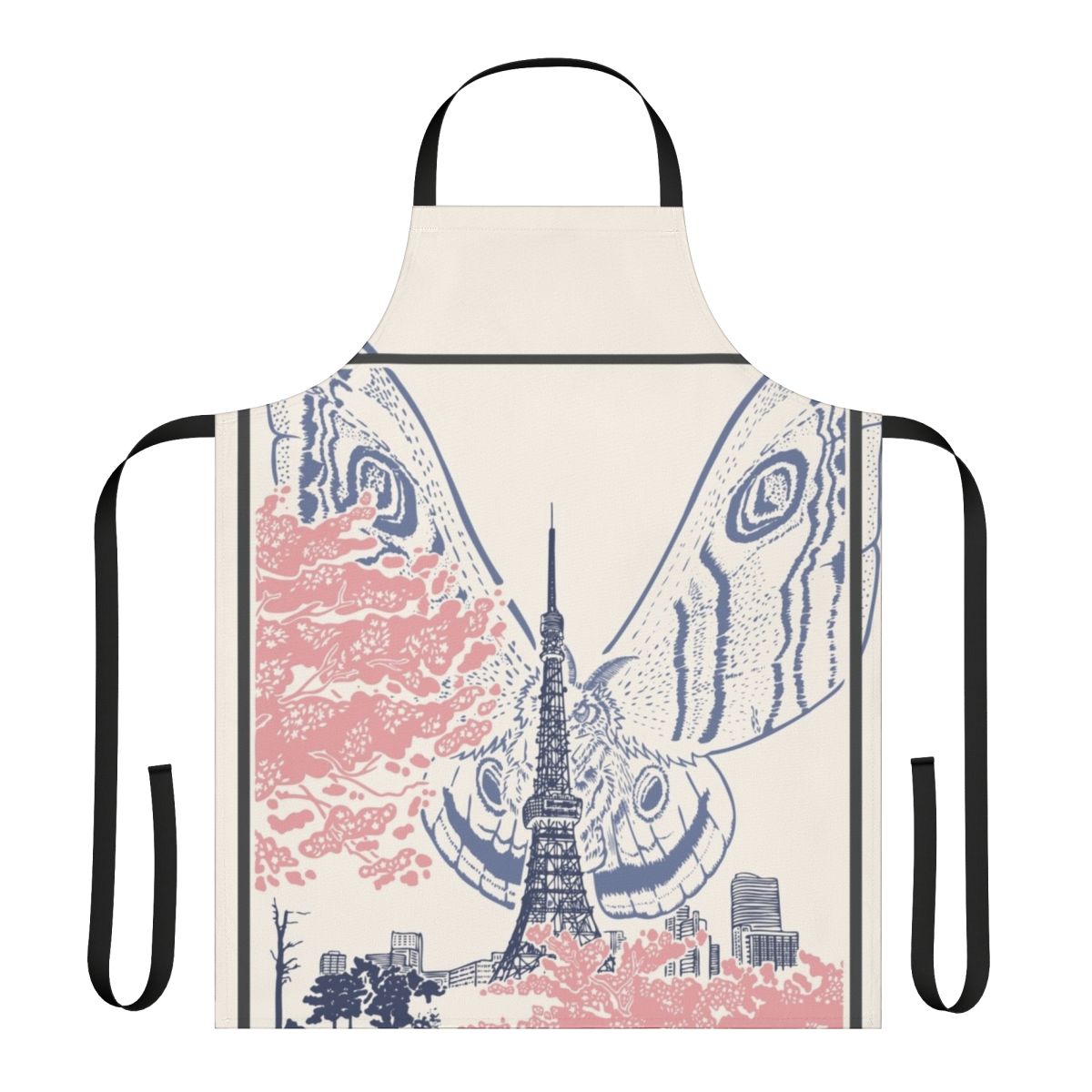 An apron featuring a giant moth creature perched on the iconic Tokyo Tower against a Japanese city skyline.