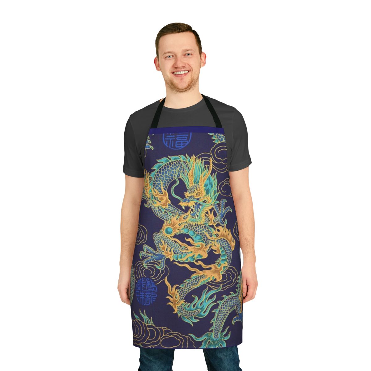 Vibrant gilded dragon design on a high-quality kitchen apron