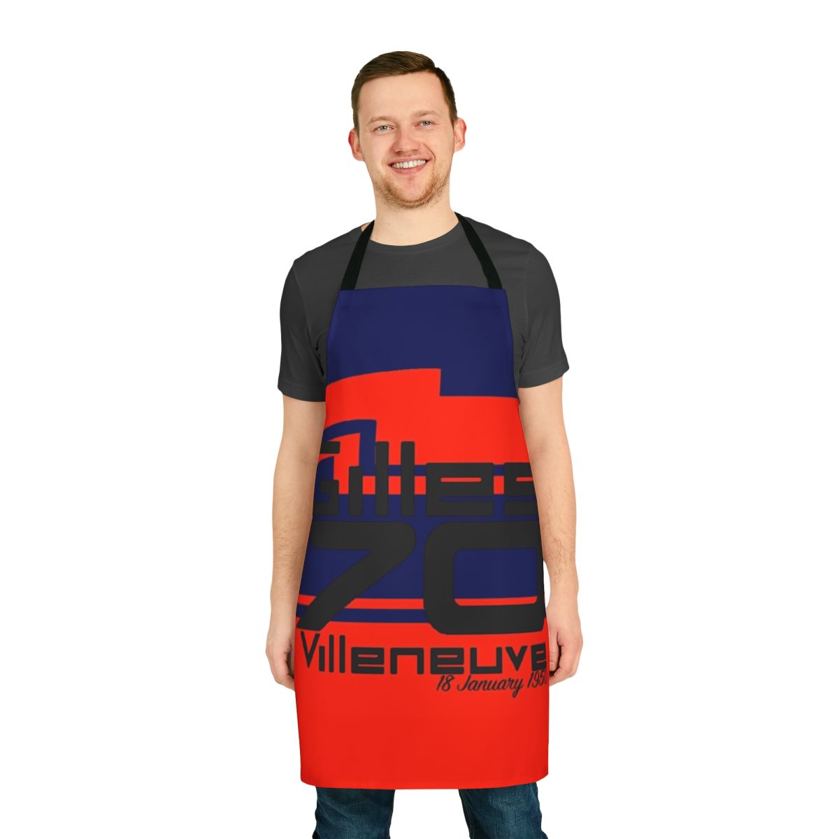 Gilles Villeneuve tribute apron featuring the iconic Scuderia Ferrari colors and branding