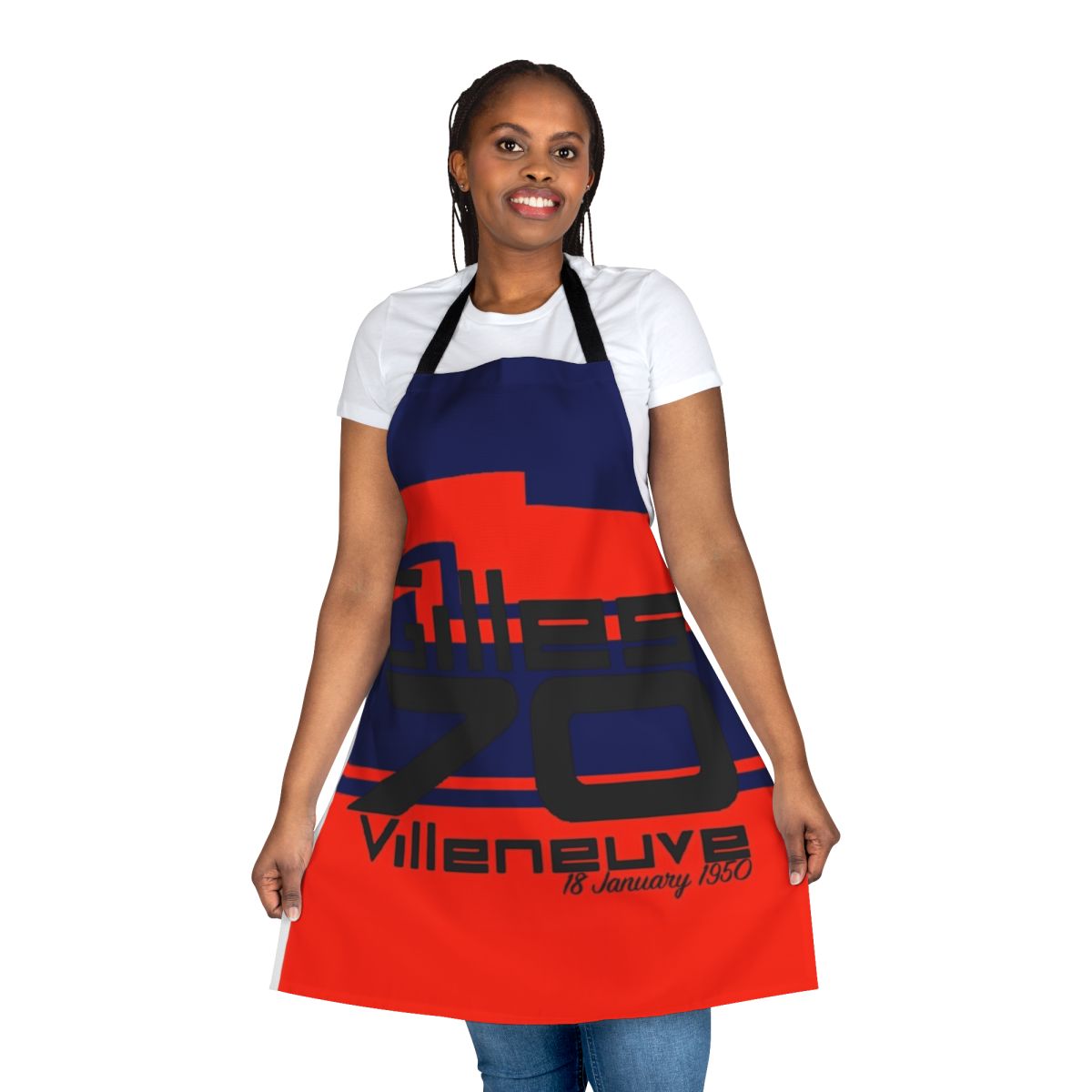 Gilles Villeneuve tribute apron featuring the iconic Scuderia Ferrari colors and branding