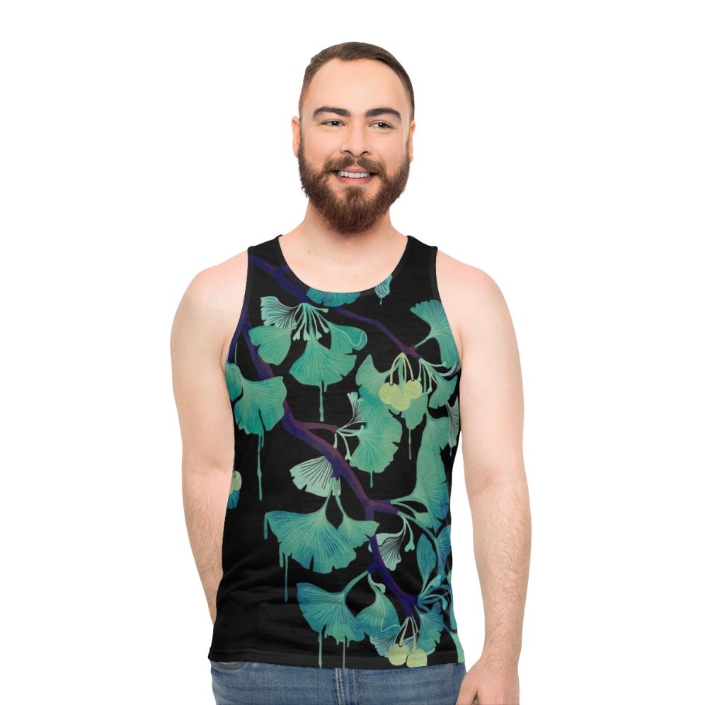 Ginkgo leaf watercolor print on a black unisex tank top