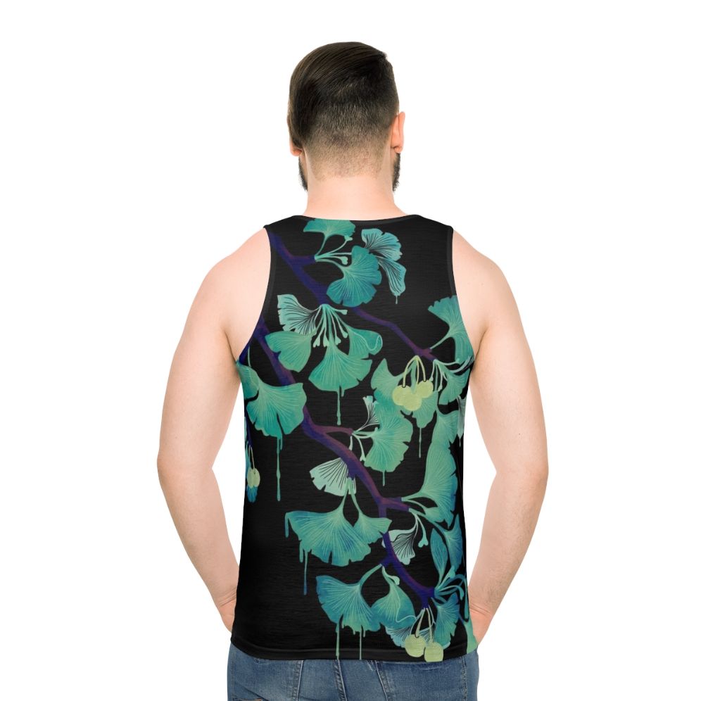 Ginkgo leaf watercolor print on a black unisex tank top