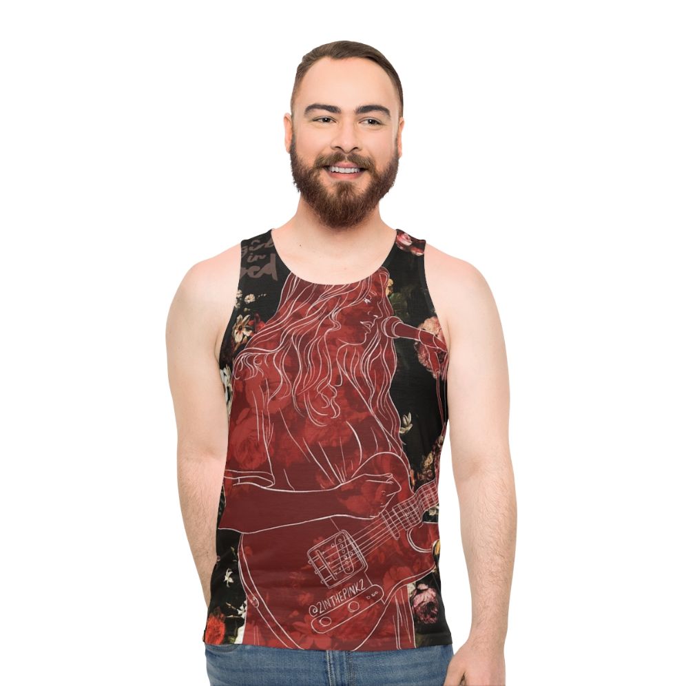 Unisex tank top with 'Girl in Red' and rose pattern design