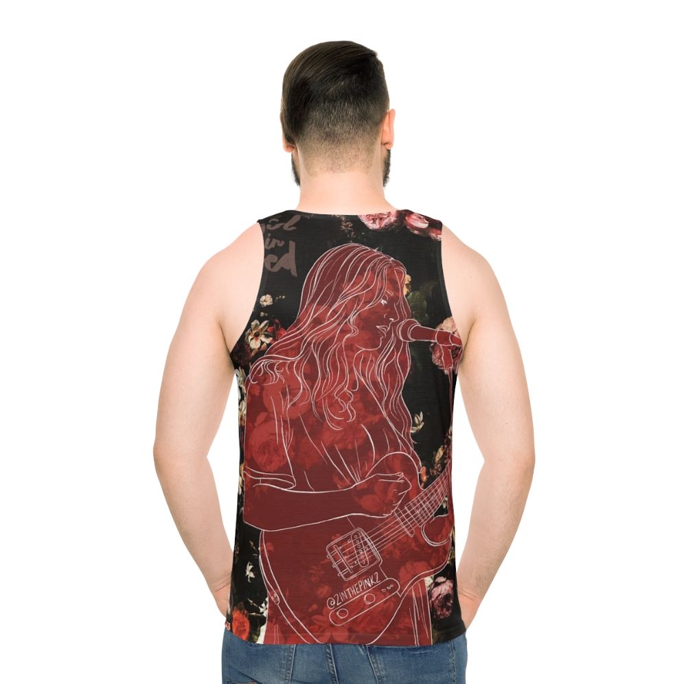 Unisex tank top with 'Girl in Red' and rose pattern design
