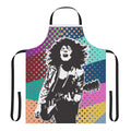 A colorful apron featuring a halftone graphic design inspired by the classic rock artist Marc Bolan and his band T. Rex.
