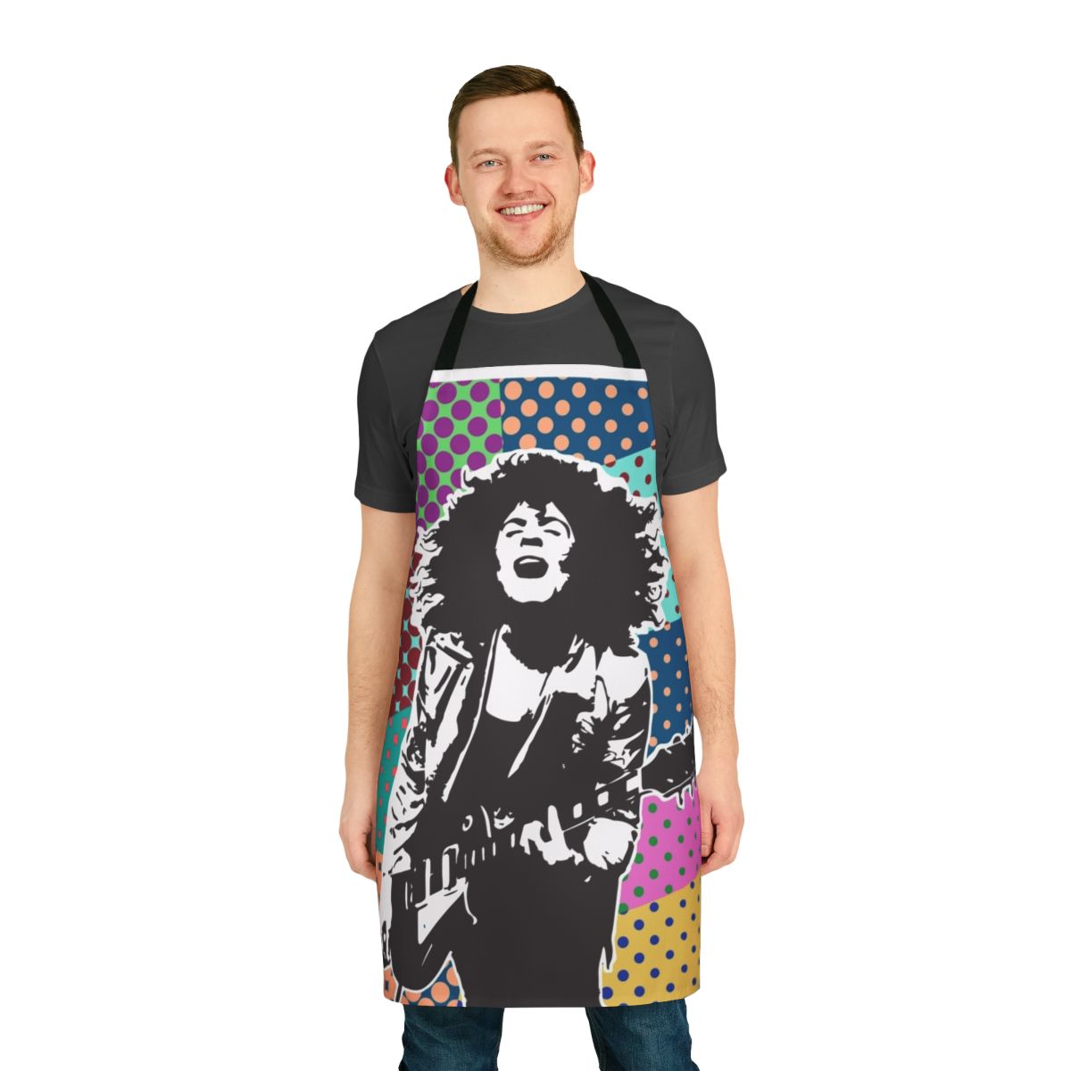 A colorful apron featuring a halftone graphic design inspired by the classic rock artist Marc Bolan and his band T. Rex.