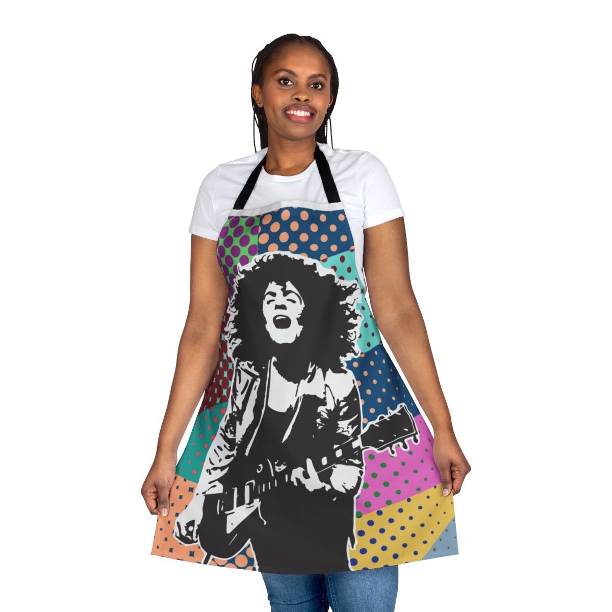 A colorful apron featuring a halftone graphic design inspired by the classic rock artist Marc Bolan and his band T. Rex.