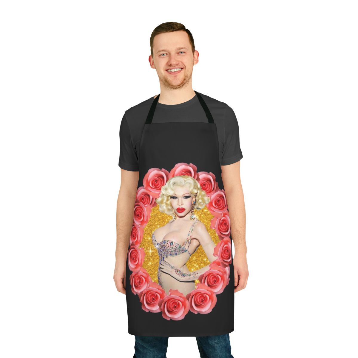 A glamorous apron featuring the iconic image of Amanda Lepore, the famous socialite and drag queen.