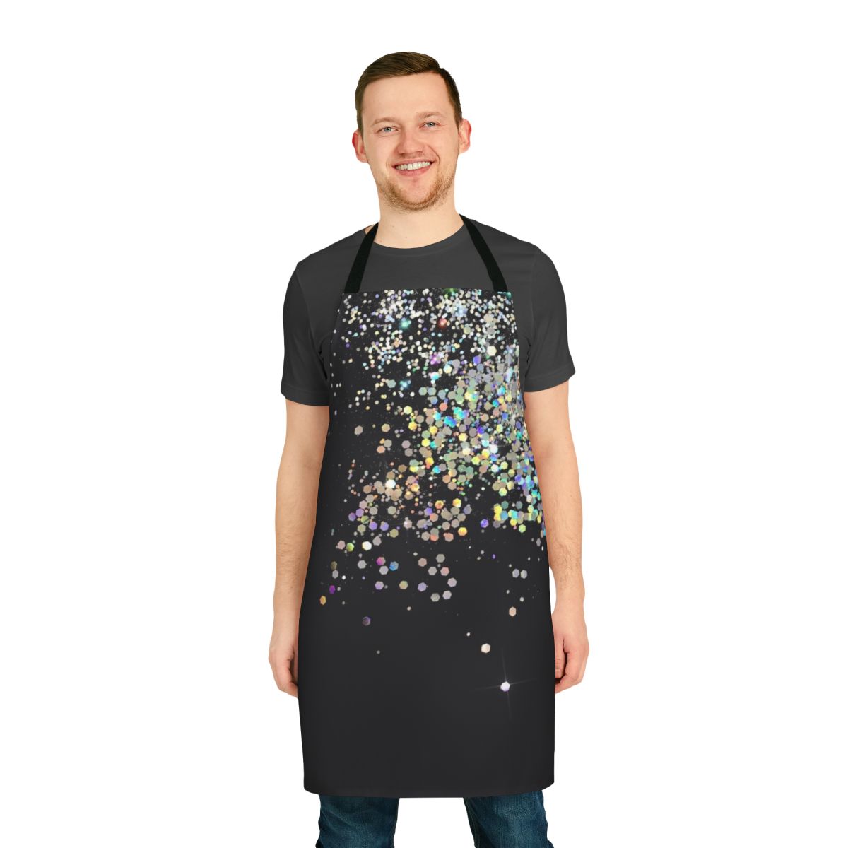 Black holographic sparkle apron with a shiny, glittery finish