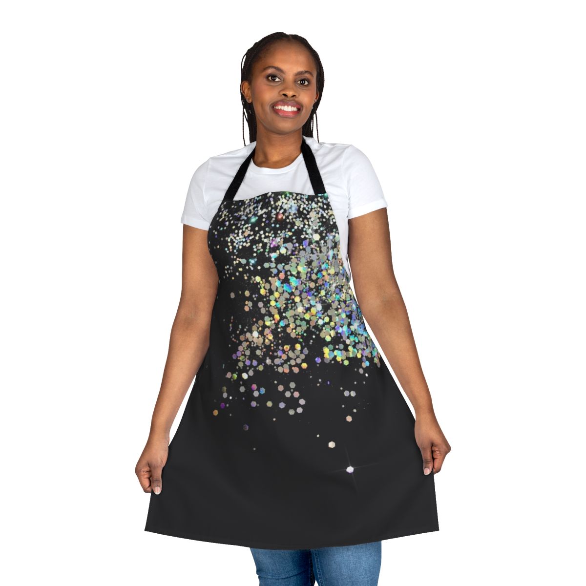 Black holographic sparkle apron with a shiny, glittery finish