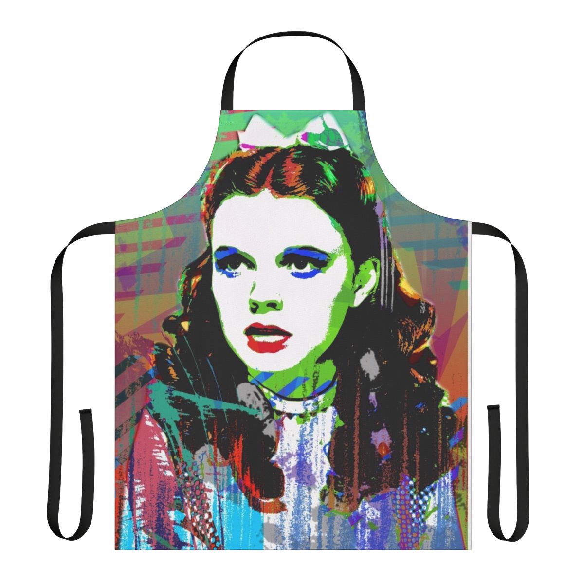 Vibrant purple and gold apron featuring Judy Garland's iconic Dorothy character from The Wizard of Oz