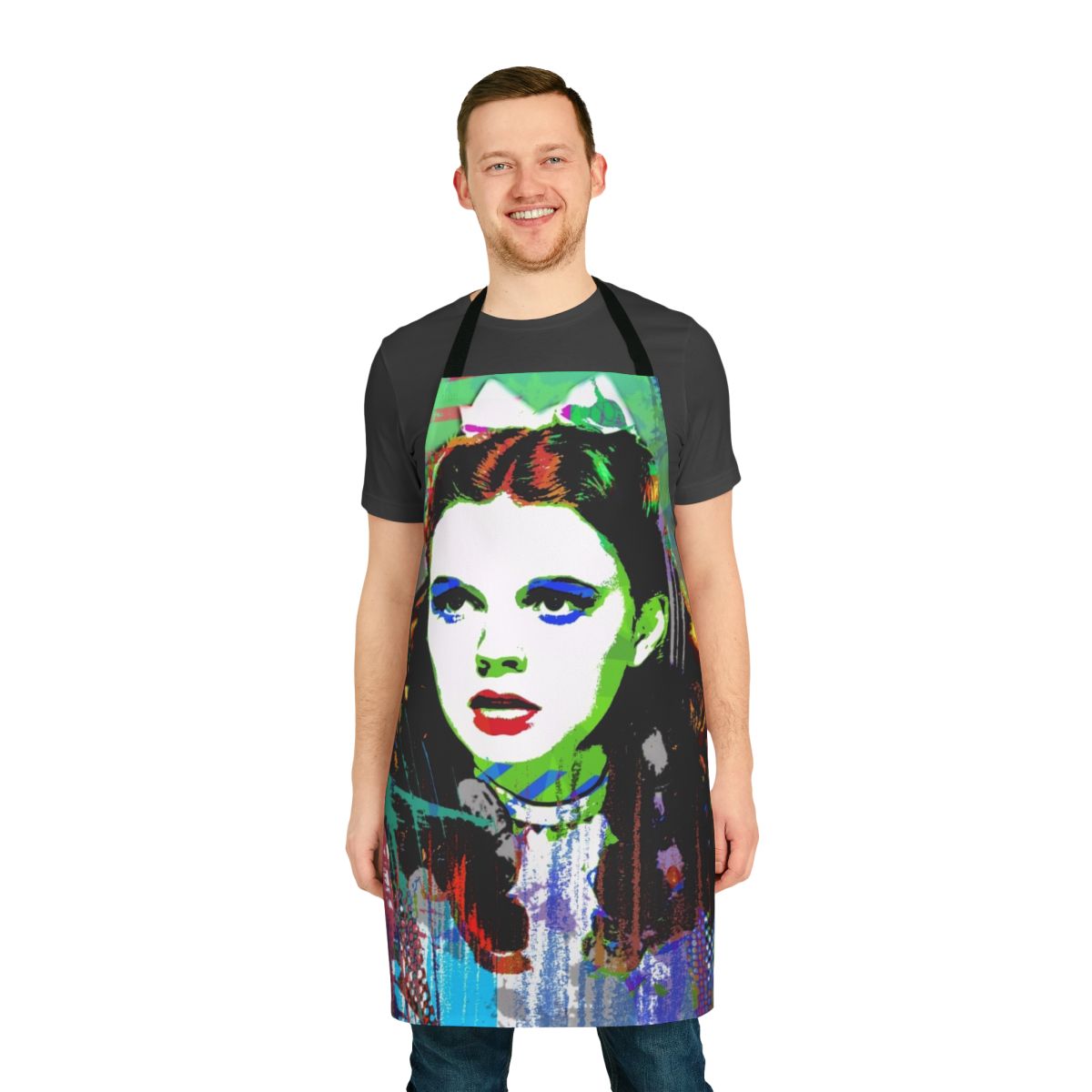 Vibrant purple and gold apron featuring Judy Garland's iconic Dorothy character from The Wizard of Oz