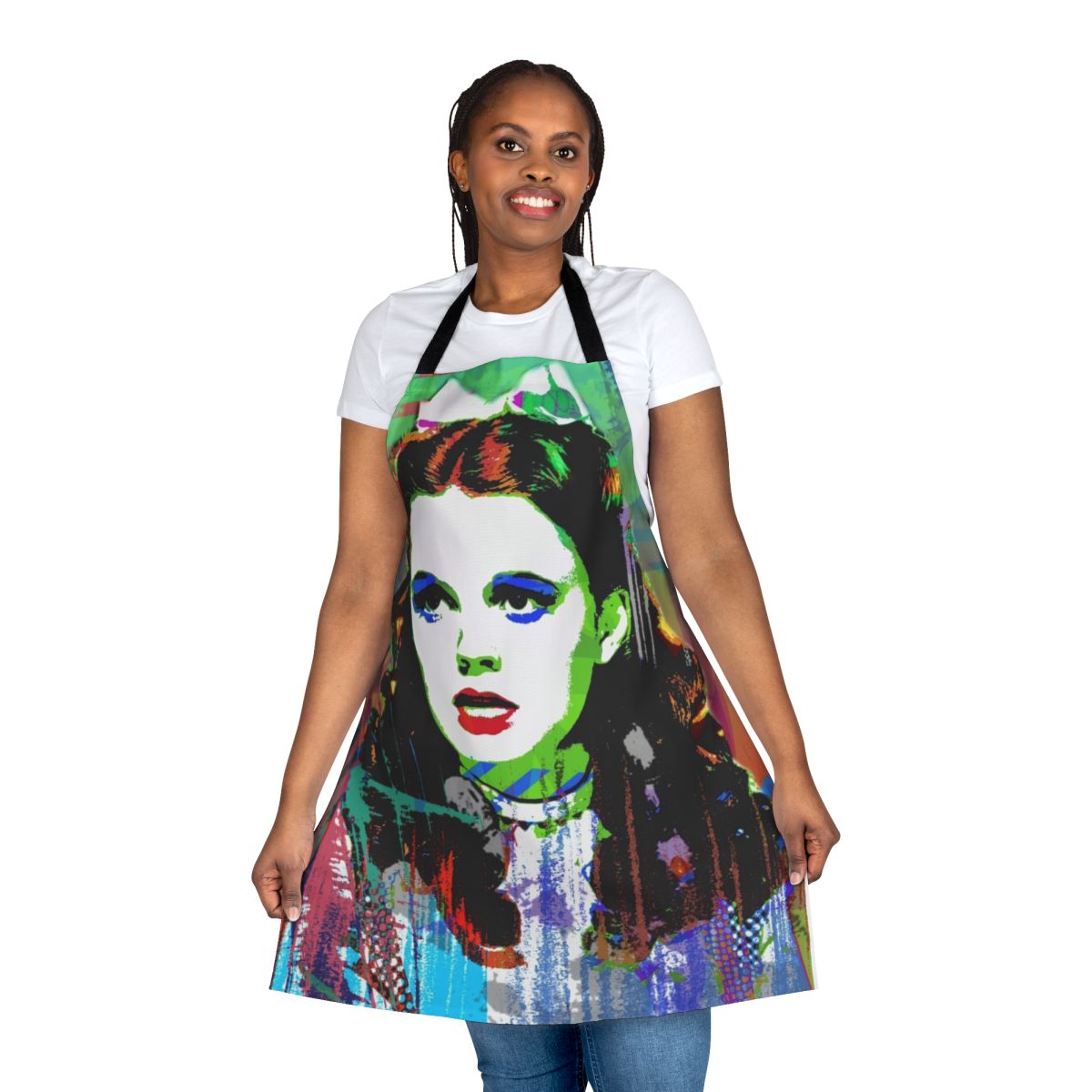 Vibrant purple and gold apron featuring Judy Garland's iconic Dorothy character from The Wizard of Oz