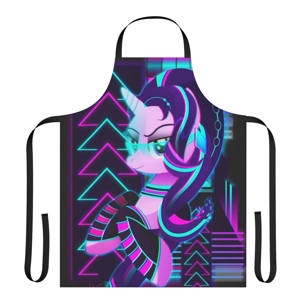 Synthwave-inspired apron featuring a Starlight Glimmer character design in vibrant neon colors