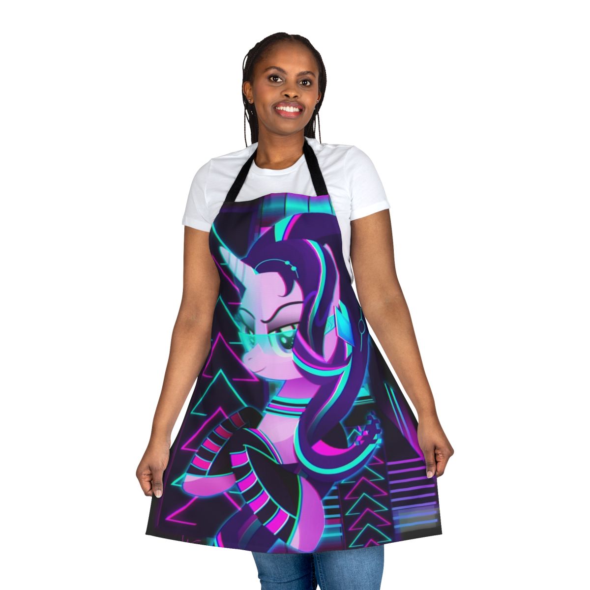 Synthwave-inspired apron featuring a Starlight Glimmer character design in vibrant neon colors
