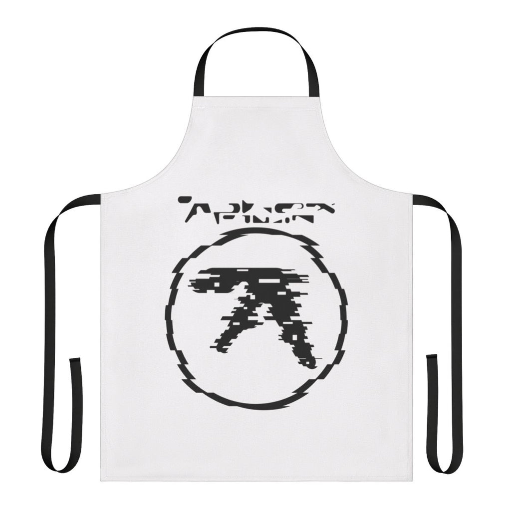 An apron featuring a digital glitch-inspired design, perfect for fans of experimental electronic music.