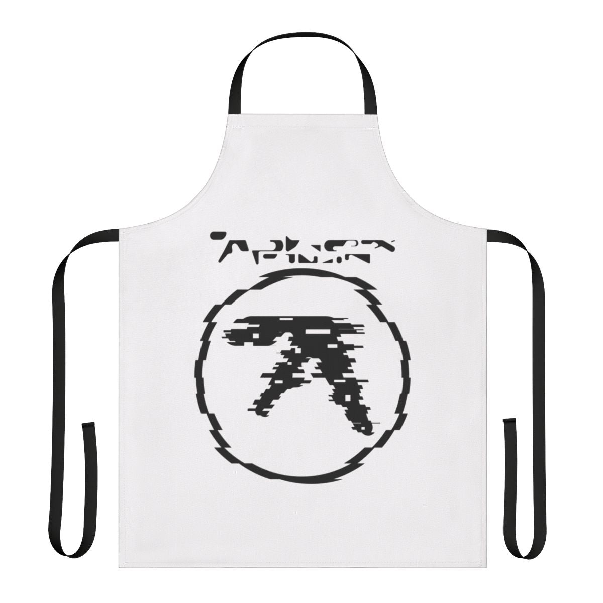 An apron featuring a digital glitch-inspired design, perfect for fans of experimental electronic music.