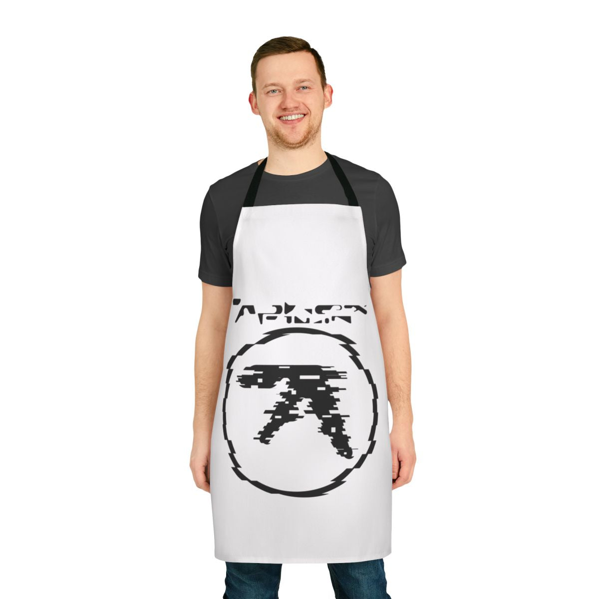 An apron featuring a digital glitch-inspired design, perfect for fans of experimental electronic music.