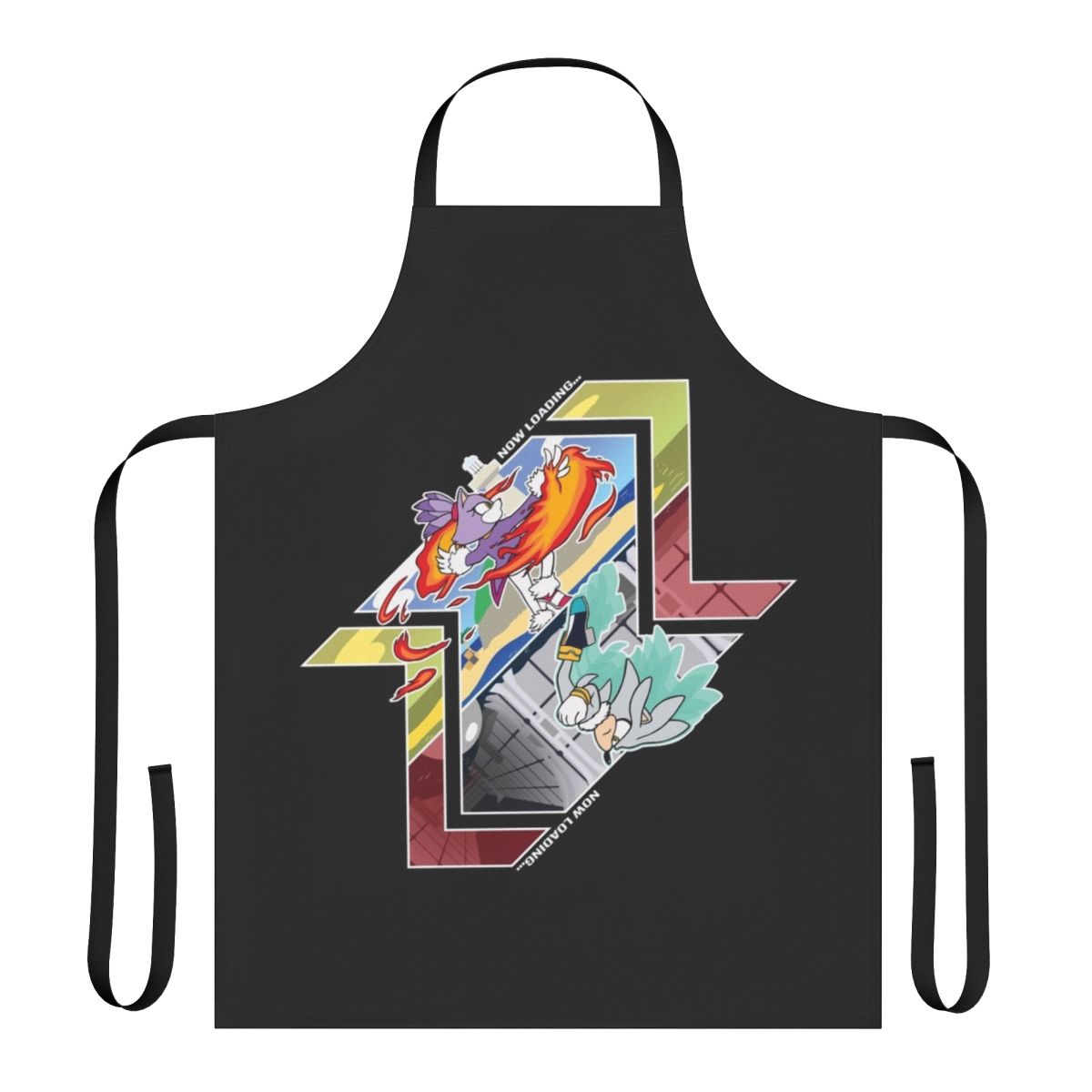 A vibrant apron featuring a "Gotta Glitch Fast" design inspired by the Sonic the Hedgehog video game series.
