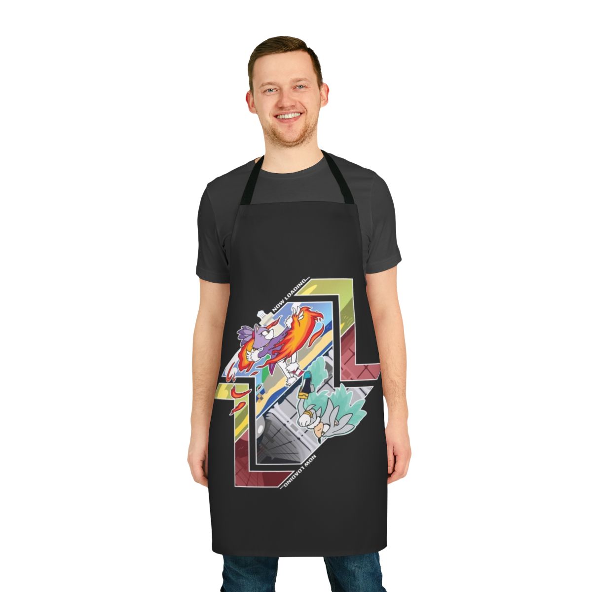 A vibrant apron featuring a "Gotta Glitch Fast" design inspired by the Sonic the Hedgehog video game series.