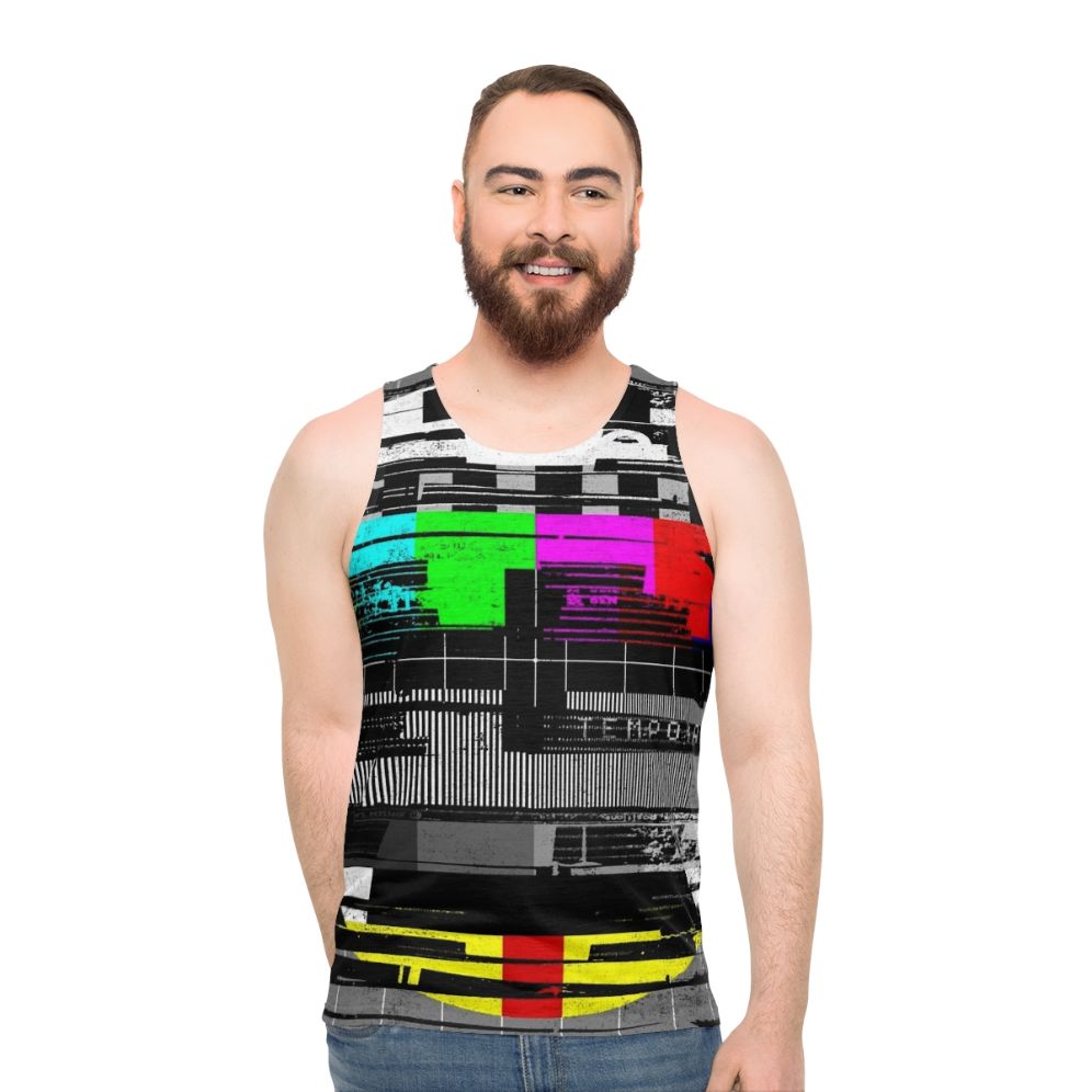 Glitched retro tank top with distorted textured art design